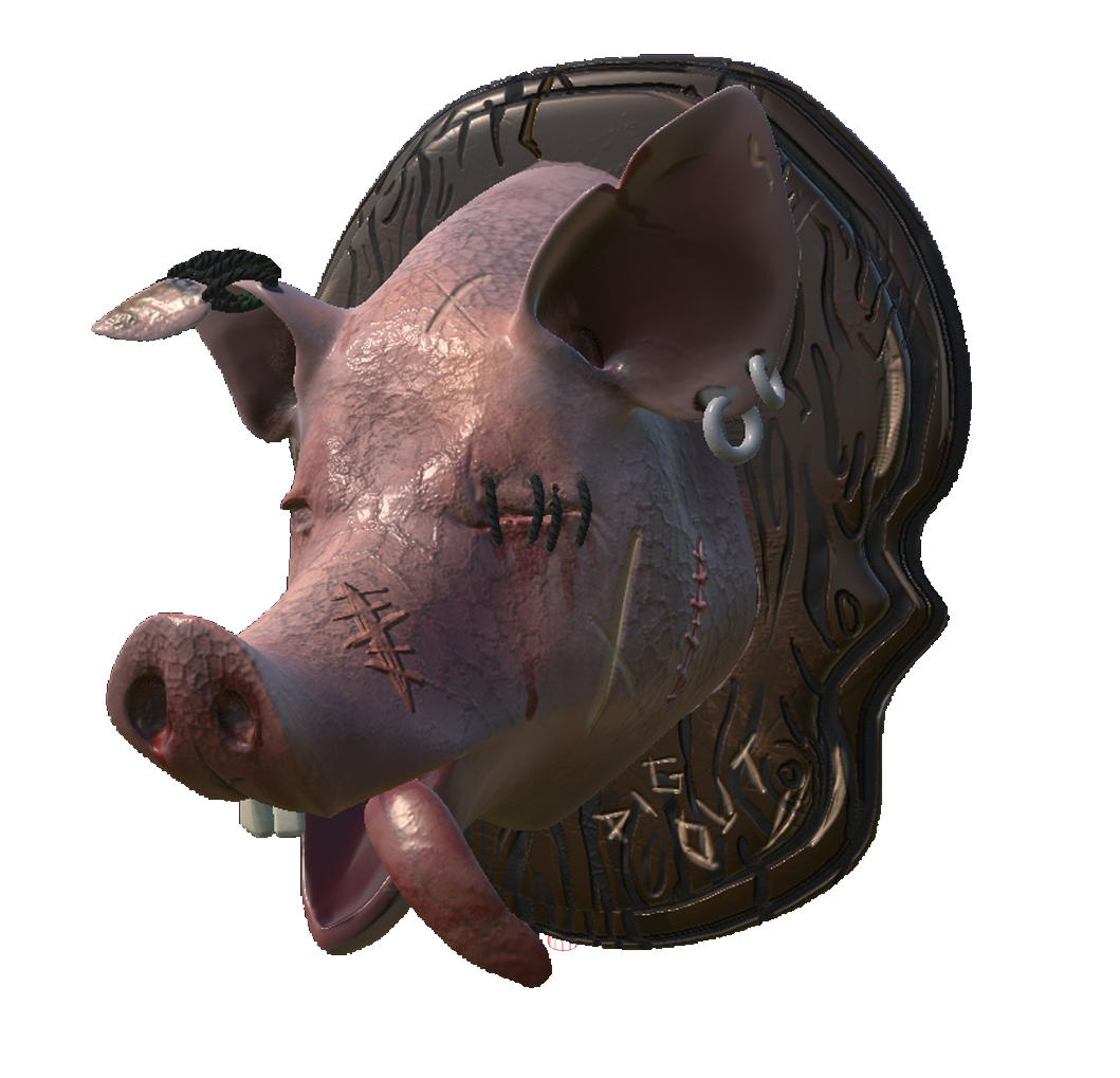 Pig Out - detailed wall-mounted pig head trophy with scars, nose ring and weathered plaque